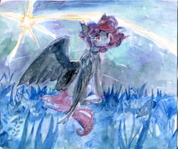 Size: 5081x4278 | Tagged: safe, artist:laymy, oc, oc only, pegasus, pony, female, field, looking at you, looking back, looking back at you, mare, night, partially open wings, shooting star, sitting, solo, traditional art, watercolor painting, wings