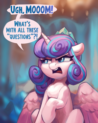 Size: 1600x2000 | Tagged: safe, artist:jewellier, princess flurry heart, alicorn, pony, series:ask flurry heart, g4, abstract background, ask, cover art, crown, english, female, filly, flurry heart is not amused, foal, implied princess cadance, jewelry, mare, mlp art ask (ru), older, older flurry heart, regalia, solo, speech bubble, text, translation, unamused