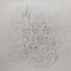 Size: 3418x3418 | Tagged: safe, artist:hkpegasister, daybreaker, discord, gilda, king sombra, nightmare moon, queen chrysalis, g4, antagonist, disguised discord, female, group, male, mare, pencil drawing, sketch, stallion, traditional art