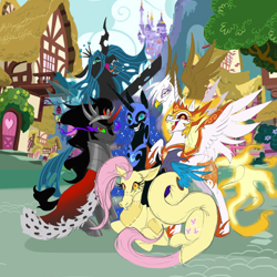 Size: 2828x2831 | Tagged: safe, artist:hkpegasister, daybreaker, discord, gilda, king sombra, nightmare moon, queen chrysalis, g4, antagonist, canterlot, disguised discord, female, group, male, mare, ponyville, stallion