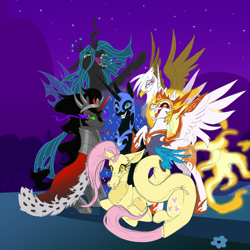 Size: 2828x2831 | Tagged: safe, artist:hkpegasister, daybreaker, discord, gilda, king sombra, nightmare moon, queen chrysalis, disguised discord, female, group, male, mare, night, sky, stallion, stars