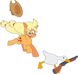 Size: 2203x2095 | Tagged: safe, artist:threetwotwo32232, applejack, bird, earth pony, goose, pony, g4, applejack's hat, atg 2024, cowboy hat, eye clipping through hair, eyebrows, eyebrows visible through hair, gun, hat, running, shotgun, simple background, solo, transparent background, weapon
