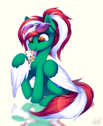 Size: 1113x1374 | Tagged: safe, artist:scarlet-spectrum, oc, oc only, oc:spring wind, pegasus, pony, eating, food, ice cream, licking, pegasus oc, reflection, solo, tongue out, wing hold, wings