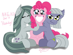 Size: 2012x1525 | Tagged: safe, artist:zeccy, pinkie pie, earth pony, pony, g4, atg 2024, female, grin, hug, mare, newbie artist training grounds, siblings, simple background, sisters, sisters being sisters, smiling, transparent background, trio, trio female