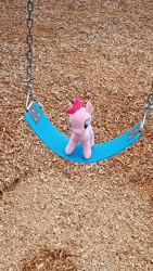 Size: 2618x4656 | Tagged: safe, pinkie pie, original species, plush pony, pony, cute, irl, love, object, outdoors, photo, playground, plushie, swing, swinging