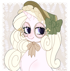Size: 1816x1848 | Tagged: safe, artist:frowoppy, oc, oc only, pony, unicorn, g4, blushing, bowl, cute, horn, kindness, light skin, my little pony, photo, pretty, profile, profile picture, smiling, unicorn oc, vintage, white hair, white mane