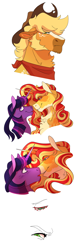 Size: 1640x5234 | Tagged: safe, artist:angstyram, applejack, sunset shimmer, twilight sparkle, alicorn, pony, unicorn, female, horn, lesbian, ship:sunsetsparkle, ship:twijack, shipping, simple background, trio, trio female, white background