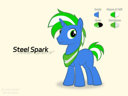 Size: 2000x1500 | Tagged: safe, artist:greenhoof, oc, oc:steel spark, pony, unicorn, bandana, horn, male, reference sheet, solo, stallion, two toned mane