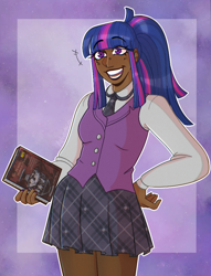 Size: 762x997 | Tagged: safe, artist:aphrogaia, twilight sparkle, human, alternate hairstyle, book, clothes, cute, dark skin, female, grin, humanized, necktie, shirt, skirt, smiling, solo, twiabetes, vest