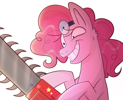 Size: 1280x1042 | Tagged: safe, artist:aphrogaia, pinkie pie, earth pony, pony, cupcakes hd, fanfic:cupcakes, chainsaw, evil smile, female, grin, insanity, mare, pinkamena diane pie, simple background, smiling, solo, sticker, transparent background