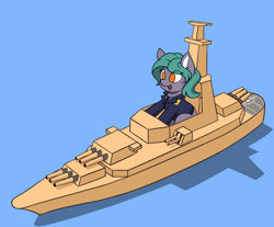 Size: 3500x2900 | Tagged: safe, artist:zeroonesunray, oc, oc only, oc:clam chowder, equestria at war mod, adorable face, battleship, blue background, cardboard, cute, female, filly, foal, gun, happy, simple background, solo, weapon