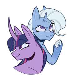 Size: 805x836 | Tagged: safe, artist:aphrogaia, trixie, twilight sparkle, pony, unicorn, annoyed, curved horn, duo, duo female, female, freckles, headcanon, headcanon in the description, horn, mare, redesign, short horn, simple background, size difference, small horn, transparent background, unicorn twilight, unshorn fetlocks