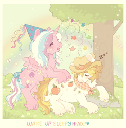 Size: 1586x1617 | Tagged: safe, artist:buwugy, applejack (g1), twilight, oc, oc:apple crisp, oc:binkle, alicorn, butterfly, pony, g1, alicorn oc, beanbrows, bush, butt fluff, chest fluff, clothes, colored eyebrows, colored pinnae, colored wings, colored wingtips, couple, cowboy hat, cream coat, day, detailed background, duo, duo male and female, eyebrows, eyebrows visible through hair, eyelashes, facial markings, female, fetlock tuft, grass, hat, hennin, horn, kinsona, long mane, long tail, lying down, male, mare, multicolored mane, multicolored tail, neckerchief, onomatopoeia, open mouth, open smile, orange mane, orange tail, outdoors, pastel, polaroid, profile, rainbow, rainbow text, rearing, rock, scarf, sleeping, small wings, smiling, sound effects, sparkly mane, sparkly tail, spread wings, stallion, stars, straight, tail, text, three toned mane, three toned tail, tree, tri-color mane, tri-colored mane, tricolored mane, two toned wings, underhoof, unicorn horn, unshorn fetlocks, wall of tags, wings, zzz