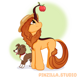 Size: 640x640 | Tagged: safe, artist:pinzillastudio, winona, oc, oc only, dog, kirin, pony, g4, apple, applejack's hat, collar, cowboy hat, duo, duo female, female, food, fusion, fusion:applejack, fusion:autumn blaze, fusion:autumnjack, hairband, hat, kirin oc, looking up, simple background, smiling, tongue out, white background