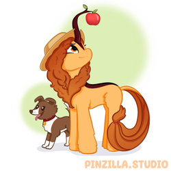 Size: 640x640 | Tagged: safe, artist:pinzillastudio, winona, oc, oc only, dog, kirin, pony, g4, apple, applejack's hat, collar, concave belly, cowboy hat, duo, duo female, female, food, fusion, fusion:applejack, fusion:autumn blaze, fusion:autumnjack, hairband, hat, kirin oc, looking up, simple background, smiling, tongue out, white background