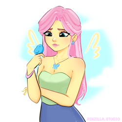 Size: 640x640 | Tagged: safe, artist:pinzillastudio, fluttershy, bird, butterfly, human, g4, bare shoulders, blushing, bracelet, braid, clothes, cloud, dress, ear piercing, earring, eyeshadow, female, humanized, jewelry, makeup, necklace, piercing, pony coloring, simple background, sky, sleeveless, solo, strapless, white background, wings