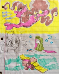 Size: 1656x2048 | Tagged: safe, artist:honkinghighblood, fluttershy, pinkie pie, earth pony, pegasus, pig, pony, clothes, creeper (minecraft), diamond pickaxe, female, fun fun fun, glasses, hoodie, mare, minecraft, pickaxe, traditional art