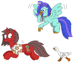 Size: 2708x2380 | Tagged: safe, artist:supahdonarudo, oc, oc only, oc:ironyoshi, oc:sea lilly, bird, classical hippogriff, goose, hippogriff, unicorn, atg 2024, camera, clothes, flying, horn, jewelry, knife, necklace, newbie artist training grounds, pun, running, shirt, simple background, stifling laughter, transparent background