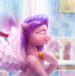 Size: 2661x2673 | Tagged: safe, artist:itssim, pipp petals, pegasus, pony, g5, adorapipp, beautiful, colored wings, cute, eyes closed, female, hoof on chest, mare, shower, solo, spread wings, wet, wet mane, wings