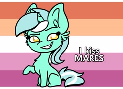 Size: 2589x1866 | Tagged: safe, artist:lbrcloud, lyra heartstrings, pony, unicorn, g4, chibi, colored pupils, commission, dreamworks face, female, flag background, grin, horn, lesbian, lesbian pride flag, missing cutie mark, pride, pride flag, raised hoof, sitting, smiling, ych example, your character here