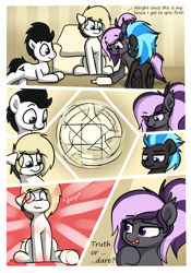 Size: 1400x2000 | Tagged: safe, artist:vipy, oc, oc only, oc:nightwalker, oc:nimbus, oc:vipy, oc:whiteout, bat pony, earth pony, pegasus, pony, comic:dare after dare, bottle, bow, comic, couch, fangs, female, gasp, hair bow, lying down, male, mare, part of a series, ponytail, simple background, sitting, spin the bottle, stallion, truth or dare
