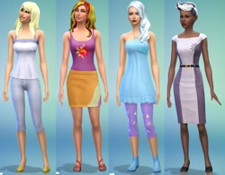Size: 1159x903 | Tagged: safe, derpy hooves, sunset shimmer, trixie, zecora, human, g4, clothes, cutie mark on clothes, dark skin, female, humanized, leggings, pants, shoes, skirt, solo, the sims, the sims 4