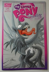 Size: 623x911 | Tagged: safe, artist:jared barber, idw, twilight sparkle, alicorn, pony, g4, antagonist, claws, comic cover, cover, cover art, crossover, evil, fan cover, female, long tongue, marvel, my little pony logo, sharp teeth, solo, spider-man, symbiote, symbiote pony, teeth, tongue out, traditional art, twilight sparkle (alicorn), venom, venom twilight