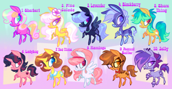 Size: 4432x2302 | Tagged: safe, artist:janegumball, oc, oc only, oc:blackberry, oc:flamingo, oc:jelly, oc:ladybug, oc:lavender, oc:peanut butter, oc:piña colada, oc:sherbert, oc:shore thing, oc:tea time, donkey, earth pony, pegasus, pony, unicorn, adoptable, ambiguous gender, bangs, beauty mark, beehive hairdo, big ears, big eyes, big glasses, blaze (coat marking), blue coat, blue eyelashes, blue eyes, blue eyeshadow, blue hooves, blue mane, blue pupils, blue sclera, blue tail, bobcut, brown eyelashes, brown mane, brown tail, bucktooth, choker, clothes, coat markings, collar, colored belly, colored eyelashes, colored hooves, colored muzzle, colored pinnae, colored pupils, colored sclera, colored wings, colored wingtips, countershading, curly mane, curly tail, donkey oc, ear piercing, earring, earth pony oc, eyelashes, eyeshadow, facial markings, female, flower, flower on ear, folded wings, for sale, freckles, glasses, gradient background, group, hairband, headband, heart, heart eyes, high res, horn, jewelry, leg warmers, leonine tail, lidded eyes, long mane, long tail, looking back, makeup, male, mare, multicolored mane, multicolored tail, neck bow, neckerchief, necklace, nose piercing, orange coat, orange eyes, orange pupils, pale belly, passepartout, pearl necklace, pegasus oc, piercing, pink coat, pink eyes, pink eyeshadow, pink hooves, pink mane, pink pupils, pink tail, profile, purple coat, purple eyelashes, purple eyes, purple eyeshadow, purple hooves, purple mane, purple pupils, purple tail, raised hoof, red bow, red neckwear, red pupils, septum piercing, shawl, shiny mane, shiny tail, short hair, short tail, smiling, socks (coat markings), sparkly eyes, spiked choker, spiked collar, spiky mane, spiky tail, spread wings, square glasses, stallion, standing, straight mane, straight tail, striped leg warmers, tail, tall ears, thin legs, three toned mane, three toned tail, tri-color mane, tri-colored mane, tricolored mane, tricolored tail, two toned eyes, two toned mane, two toned wings, unicorn horn, unicorn oc, wall of tags, wavy mane, wavy tail, white coat, wingding eyes, wings, wolf cut, yellow coat, yellow eyes