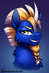 Size: 2000x3000 | Tagged: safe, artist:jedayskayvoker, oc, oc only, oc:tequila azide, pony, unicorn, beard, bust, cheek fluff, chest fluff, curved horn, evil smile, facial hair, fluffy, gradient background, horn, icon, looking at you, male, portrait, smiling, solo, stallion, subscribestar reward, thick eyebrows, unicorn oc