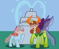 Size: 979x816 | Tagged: safe, artist:magerblutooth, ocellus, thorax, changedling, changeling, human, original species, g4, commission, confused, duo, duo male and female, female, female to male, fountain, head swap, human head, human head changeling, humanized, king thorax, male, male to female, mesosoma, open mouth, queen mesosoma, raised hoof, rule 63, tarsus, transformation, transgender transformation