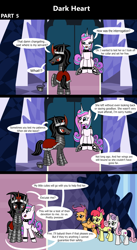 Size: 1920x3516 | Tagged: safe, artist:platinumdrop, apple bloom, king sombra, princess flurry heart, scootaloo, sweetie belle, alicorn, earth pony, pegasus, pony, unicorn, comic:dark heart, g4, 3 panel comic, abuse, alternate timeline, angry, applebuse, armor, chains, collar, comic, commission, crystal, crystal castle, crystal empire, cutie mark crusaders, dark crystal, dialogue, evil flurry heart, female, flurry heart is amused, folded wings, horn, husband and wife, indoors, looking at each other, looking at someone, male, mare, nervous, nuzzling, older, older apple bloom, older cmc, older flurry heart, older scootaloo, older sweetie belle, scootabuse, ship:flurrybra, shipping, sitting, slave, slave collar, smiling, smug, smug smile, speech bubble, spiked collar, spiked wristband, stallion, straight, surprised, sweetiebuse, throne, throne room, up to no good, victorious villain, walking, wall of tags, wings, wristband