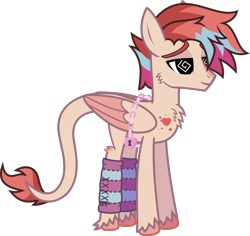 Size: 1561x1473 | Tagged: safe, artist:lightningbolt, derpibooru exclusive, oc, oc only, oc:cardia, pony, .svg available, birthmark, chains, cheek fluff, chest fluff, clothes, colored wings, colored wingtips, commission, female, folded wings, hair over one eye, leg warmers, leonine tail, lidded eyes, lock, mare, show accurate, simple background, solo, standing, svg, swirly eyes, tail, transparent background, unshorn fetlocks, vector, wings