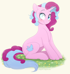 Size: 1300x1373 | Tagged: safe, artist:higglytownhero, oc, oc only, oc:cotton candy, pony, unicorn, blind eye, blushing, eye scar, facial scar, female, grass, horn, looking at you, scar, signature, simple background, sitting, smiling, solo