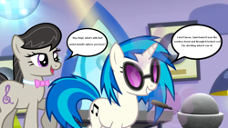 Size: 1280x720 | Tagged: safe, artist:epicheavytf2, artist:pyrogaming, dj pon-3, octavia melody, vinyl scratch, earth pony, pony, unicorn, g4, slice of life (episode), absolutenutcase162, bowtie, demon core, duo, duo female, female, glasses, horn, imminent death, magic, magic aura, mare, meme, raised hoof, record, screwdriver, shitposting, smiling, speech bubble, talking, telekinesis, text, this will end in death, this will end in tears, this will end in tears and/or death, unaware