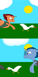 Size: 2500x5000 | Tagged: safe, artist:blazewing, oc, oc only, oc:syntax, oc:tough cookie, bird, goose, pony, unicorn, 2 panel comic, angry, atg 2024, chase, chubby, clothes, cloud, colored background, comic, cookie, drawpile, fedora, female, food, glasses, hat, horn, jacket, male, mare, newbie artist training grounds, raised hoof, running, smiling, stallion, sun, untitled goose game, vest
