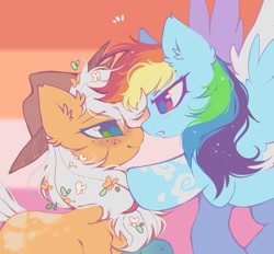 Size: 1141x1060 | Tagged: safe, alternate version, artist:mirtash, applejack, rainbow dash, earth pony, pegasus, pony, g4, alternate design, alternate eye color, applejack's hat, blonde mane, blonde tail, blue coat, blushing, boop, cloud pattern, colored wings, colored wingtips, cowboy hat, duo, duo female, ear fluff, emanata, eyebrows, eyebrows visible through hair, eyelashes, facing each other, female, flag background, flower, flower in hair, flying, freckles, frown, green eyes, hat, leg freckles, lesbian, lesbian pride flag, lidded eyes, long mane, looking at each other, looking at someone, mare, multicolored hair, narrowed eyes, noseboop, orange coat, ponytail, pride, pride flag, rainbow hair, raised hoof, red eyes, shiny eyes, ship:appledash, shipping, smiling, smiling at someone, sparkly mane, splotches, spread wings, standing, tail, tied mane, two toned wings, wings, zoomed in