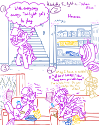 Size: 4779x6013 | Tagged: safe, artist:adorkabletwilightandfriends, moondancer, twilight sparkle, alicorn, comic:adorkable twilight and friends, adorkable, adorkable twilight, book, chips, chocolate, comic, couch, curtains, cute, dork, eating, feather, food, indulgence, kitchen, magic, oats, pantry, rain, reading, relaxed, relaxed face, relaxing, rice, shocked, shocked expression, sitting, slice of life, snacks, sneaking, sneaky, spooked, staircase, stairs, surprised, surprised face, twilight sparkle (alicorn), wings