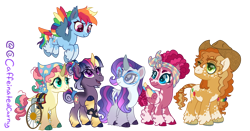 Size: 1250x655 | Tagged: safe, artist:caffeinatedcarny, applejack, fluttershy, pinkie pie, rainbow dash, rarity, twilight sparkle, earth pony, pegasus, pony, unicorn, g4, adhd, afro mane, applejack's hat, arthritis, autism, bandana, blanket, braid, braided tail, cheek fluff, chubby, cloven hooves, coat markings, colored hooves, colored wings, compression sleeves, countershading, cowboy hat, curved horn, disabled, down syndrome, ear fluff, facial markings, feathered fetlocks, freckles, glasses, gradient hooves, gradient horn, gradient mane, group photo, hair bun, hair tie, hair wrap, hat, headcanon, heterochromia, horn, horseshoes, leonine tail, lgbt, lgbt headcanon, lgbtq, mane six, mealy mouth (coat marking), pegasus pinkie pie, race swap, redesign, short hair, simple background, socks (coat markings), species swap, tail, transgender, transparent background, unicorn fluttershy, unicorn twilight, unshorn fetlocks, updo, vitiligo, wall of tags, wheelchair, wings