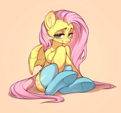 Size: 2048x1918 | Tagged: safe, artist:minekoo2, fluttershy, pegasus, pony, g4, bedroom eyes, clothes, cute, female, gradient background, lidded eyes, looking at you, mare, shyabetes, sitting, smiling, smiling at you, socks, solo