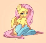 Size: 2048x1918 | Tagged: safe, artist:minekoo2, fluttershy, pegasus, pony, g4, bedroom eyes, clothes, cute, female, gradient background, high res, lidded eyes, looking at you, mare, shyabetes, sitting, socks, solo
