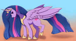Size: 1280x697 | Tagged: safe, artist:nnaly, twilight sparkle, alicorn, pony, crown, cutie mark, ethereal mane, female, gradient background, hoof shoes, jewelry, looking at you, mare, older, older twilight, older twilight sparkle (alicorn), peytral, princess twilight 2.0, raised hoof, regalia, smiling, smiling at you, solo, solo female, starry mane, starry tail, tail, twilight sparkle (alicorn)