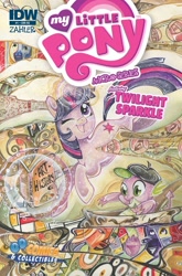 Size: 1054x1600 | Tagged: safe, artist:sara richard, idw, official comic, spike, twilight sparkle, dragon, pony, unicorn, g4, micro-series #1, my little pony micro-series, abstract art, book, comic cover, cover, cover art, duo, duo male and female, female, horn, levitation, magic, male, mare, modern art, my little pony logo, open mouth, open smile, smiling, tail, telekinesis, unicorn twilight, variant cover