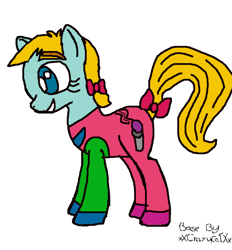 Size: 768x828 | Tagged: safe, artist:bigpurplemuppet99, artist:xxcrazycatxx2, earth pony, pony, g4, annie (little einsteins), base used, bow, eyebrows, female, grin, hair bow, little einsteins, mare, ponified, rule 85, simple background, smiling, solo, tail, tail bow, white background