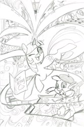 Size: 1202x1807 | Tagged: safe, artist:sara richard, idw, spike, twilight sparkle, dragon, pony, unicorn, g4, micro-series #1, my little pony micro-series, abstract art, beret, book, comic cover, cover, cover art, duo, duo male and female, female, glowing, glowing horn, grayscale, hat, horn, magic, magic aura, male, mare, modern art, monochrome, one eye closed, open mouth, open smile, pencil drawing, smiling, tail, traditional art, unicorn twilight, variant cover, wip