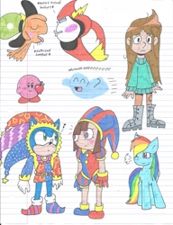Size: 1700x2211 | Tagged: safe, artist:cmara, rainbow dash, hedgehog, human, pegasus, g4, bloo (foster's), crossover, female, jester, kirby, kirby (series), libby, lord hater, male, pomni, sonic the hedgehog, sonic the hedgehog (series), the amazing digital circus, the ghost and molly mcgee, wander (wander over yonder), wander over yonder