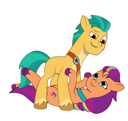 Size: 1554x1467 | Tagged: safe, artist:arkogon, hitch trailblazer, sunny starscout, earth pony, g5, my little pony: tell your tale, duo, duo male and female, female, looking at each other, looking at someone, lying down, male, mane stripe sunny, mare, on back, pinned, ship:starblazer, shipping, simple background, smiling, smiling at each other, stallion, straight, transparent background