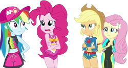 Size: 4479x2384 | Tagged: safe, edit, edited screencap, editor:homersimpson1983, screencap, applejack, fluttershy, pinkie pie, rainbow dash, equestria girls, equestria girls specials, g4, my little pony equestria girls: forgotten friendship, 2d, applejack's hat, background removed, beach shorts swimsuit, clothes, cowboy hat, fluttershy's wetsuit, geode of fauna, geode of sugar bombs, geode of super speed, geode of super strength, hat, magical geodes, not a vector, simple background, swimsuit, thunderbolt, transparent background