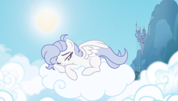 Size: 1280x725 | Tagged: safe, artist:vi45, oc, oc only, oc:white star, pegasus, pony, canterlot, cloud, female, mare, on a cloud, screencap background, solo
