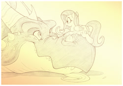 Size: 1789x1244 | Tagged: safe, artist:sherwoodwhisper, fluttershy, dragon, pegasus, pony, cup, female, food, male, mare, monochrome, size difference, tea, teacup, teapot