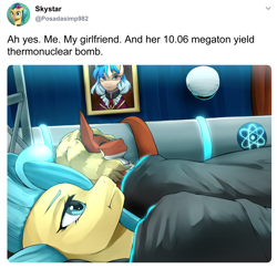 Size: 2400x2330 | Tagged: safe, oc, oc:caramel marks, oc:posada, oc:skystar, pony, seapony (g4), equestria at war mod, g4, atomic bomb, bed, hippogriffia, hugging a nuke, lying down, lying on bed, meta, nuclear weapon, on bed, this will end in nuclear explosion, twitter, weapon